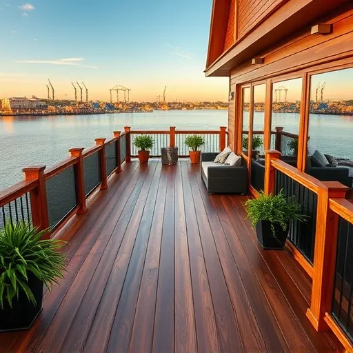 Wooden deck in East Chicago with glass railings, built-in seating, lighting, lush greenery, and waterfront view during late afternoon