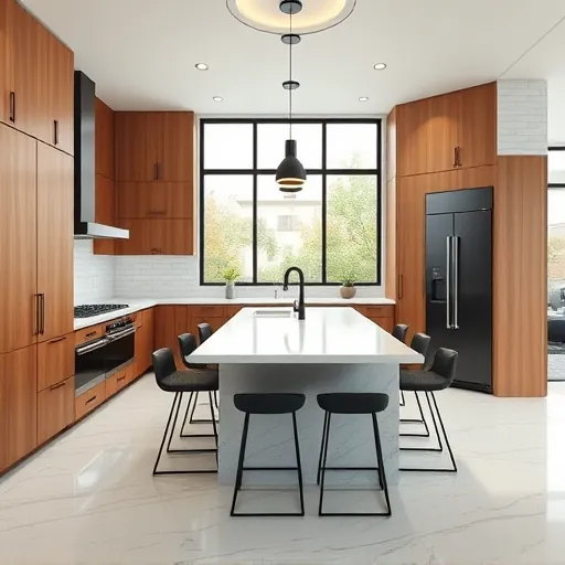 Renovated East Chicago kitchen with marble countertops black fixtures custom wood cabinets large windows and modern appliances
