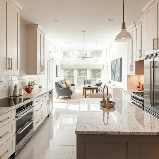 Modern Flossmoor kitchen with sleek cabinetry, granite countertops, and stainless steel appliances in bright natural light.