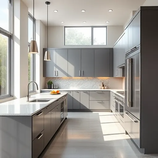 Recently remodeled East Chicago kitchen with modern matte cabinetry stainless steel appliances granite island neutral tones textured backsplash and natural light