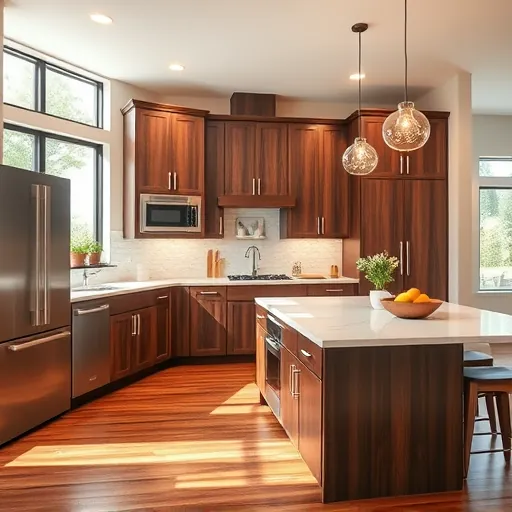 Modern kitchen in Marktown, IN with marble countertops, wooden cabinets, warm lighting, and polished hardwood floors.