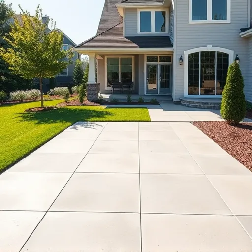 Beautiful finished concrete patio in East Chicago with lush landscaping and modern house in bright sunlight