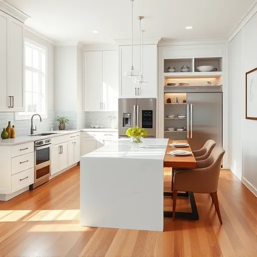 Modern kitchen remodel in Markham IL with white cabinets, marble island, stainless appliances, warm flooring, and natural light.