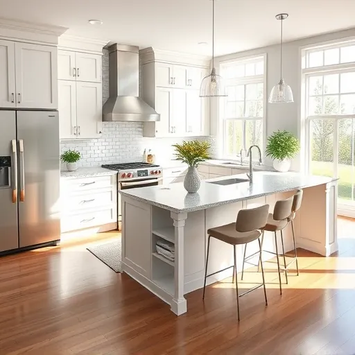 Modern kitchen remodel in Whiting, IN featuring elegant granite, high-quality appliances, and stylish cabinetry.