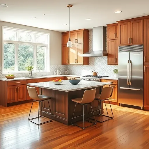 Modern kitchen remodel in Olympia Fields IL with stainless steel appliances, granite countertops, and rich wood cabinetry.