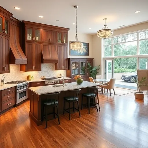 Modern kitchen remodel in Evergreen Park IL with quartz countertops, dark wood cabinetry, and bright living room views.