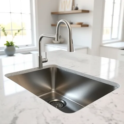 Shiny stainless steel kitchen sink with modern faucet installed on polished granite countertop in a bright contemporary kitchen