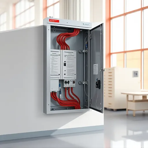 Upgraded electrical panel in modern commercial building with polished metal, organized wiring, clear labels, and sleek wall setting