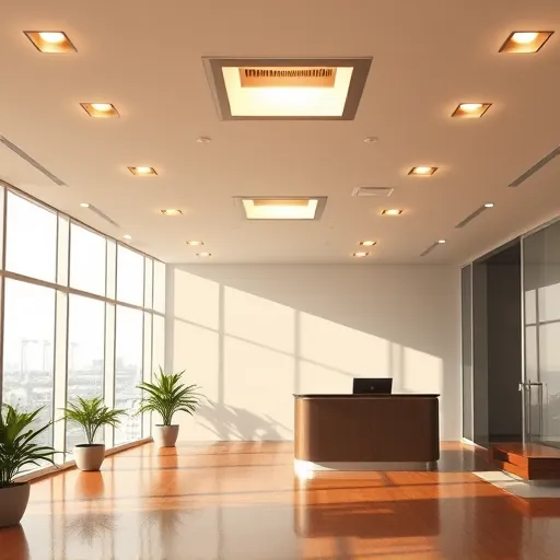 Recently installed recessed lighting in a modern East Chicago office with sleek lights, hardwood floors, and city views