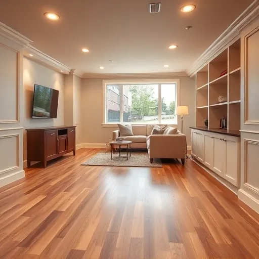 Finished modern basement in East Chicago featuring neutral walls, rich hardwood flooring, built-in storage, plush seating, and natural light.