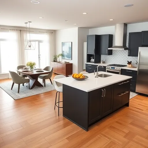 Remodeled kitchen in Harvey IL with dark cabinetry, white quartz countertops, stainless steel appliances, and a cozy living area.