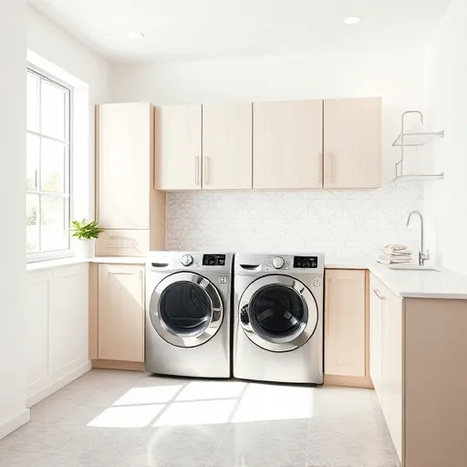 Modern renovated laundry room in East Chicago with neutral cabinetry, stainless steel washer and dryer, quartz countertops, and natural light