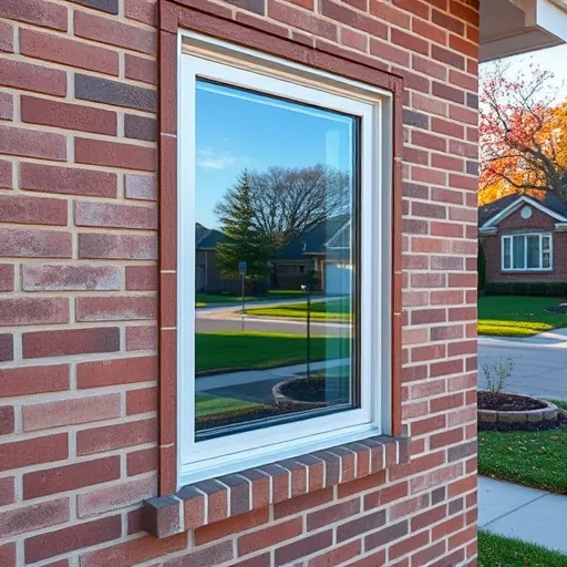 Newly installed energy-efficient window on modern East Chicago home with clean brick siding and lush landscaping