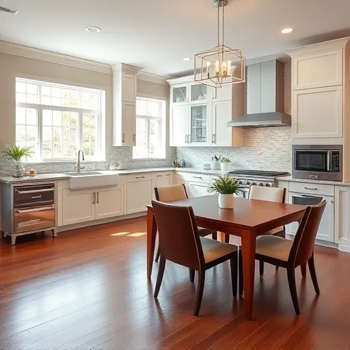 Stylish Riverdale kitchen remodel featuring high-end appliances, granite countertops, and elegant dining area in soft tones.
