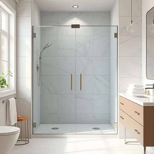 Modern renovated bathroom shower with glass doors polished tiles sleek fixtures and natural lighting