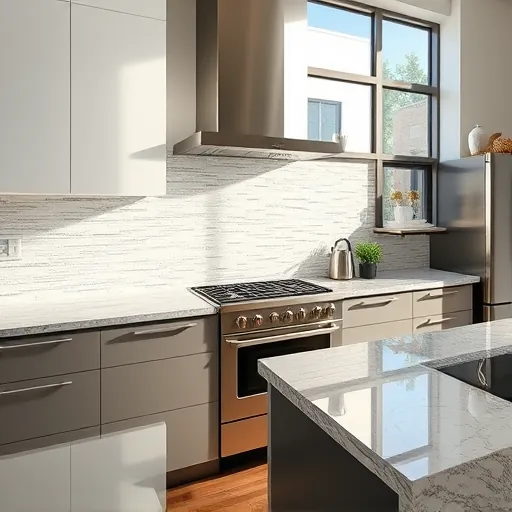 Newly completed modern kitchen backsplash in East Chicago with glossy patterned tiles, granite countertops, and stainless steel appliances