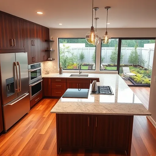 Recently remodeled kitchen in East Chicago featuring sleek designs, granite countertops, and stainless steel appliances.