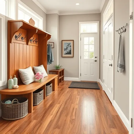 Renovated East Chicago mudroom with modern design, wooden cubbies, bench, stylish hooks, hardwood floor, and natural light