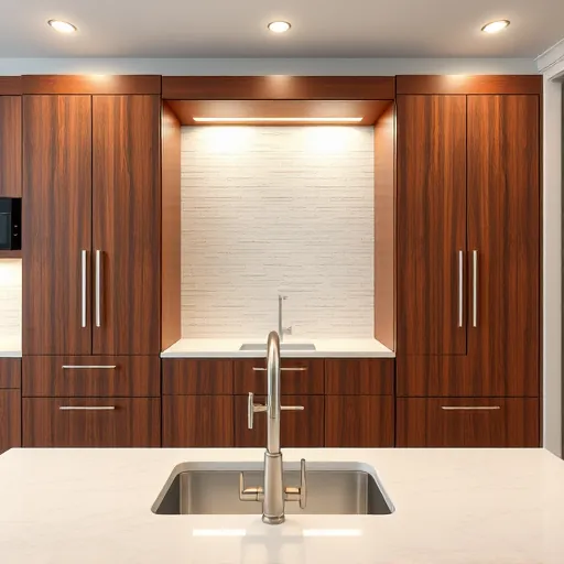 Refurbished modern kitchen cabinets with polished wood finish, sleek hardware, stylish backsplash, and bright high-end quartz countertops in East Chicago Indiana