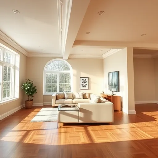 Freshly installed crown molding in modern living room with natural light, neutral walls, hardwood floors, and stylish decor