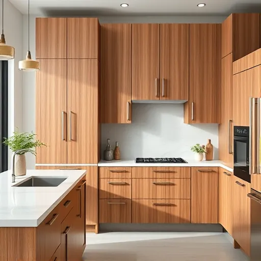Refinished modern kitchen cabinet with sleek surfaces, wood grain details, polished hardware, quartz counters, and stylish backsplash