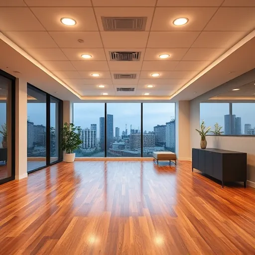 Recessed LED lighting in a modern East Chicago office with polished hardwood floors neutral walls and city skyline view