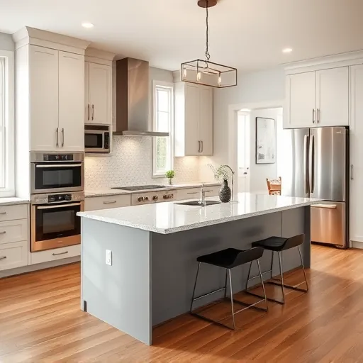 Complete modern East Chicago kitchen with sleek neutral cabinetry, granite countertops, stainless appliances, hardwood floors, and natural light