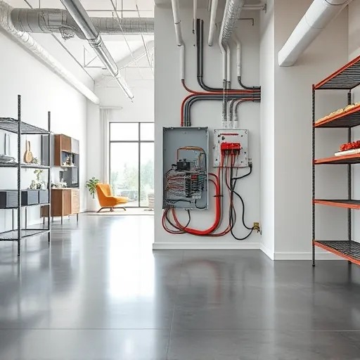 Rewired electrical panel with organized wiring in a modern utility room featuring polished concrete floors and industrial design elements