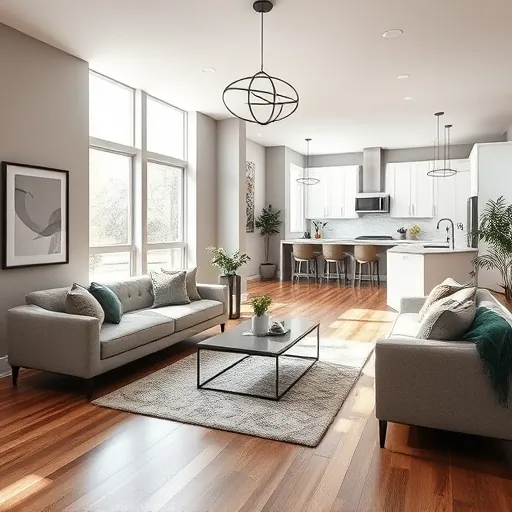 Modern Chicago Heights living room with stylish furniture, natural light, elegant decor, and open-concept kitchen.
