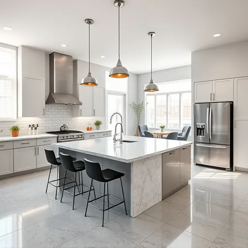 Recently remodeled East Chicago kitchen with modern minimalist cabinetry granite countertops stainless steel appliances and open layout