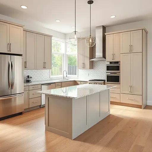 Modern kitchen remodel in East Chicago featuring sleek cabinetry, stainless appliances, central island, and natural light.