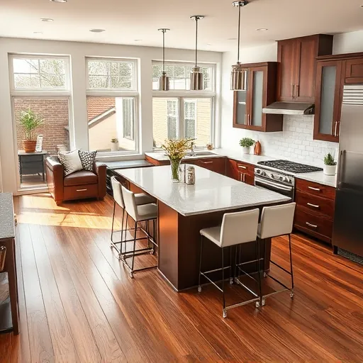 Modern kitchen remodel in Griffith IN with polished granite counters, dark wood cabinets, and natural light enhancing decor.