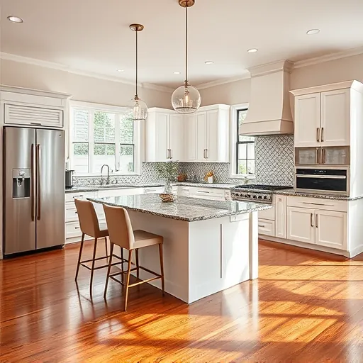 Modern kitchen remodel in Munster IN with sleek cabinetry, granite countertops, stainless appliances, and warm lighting.