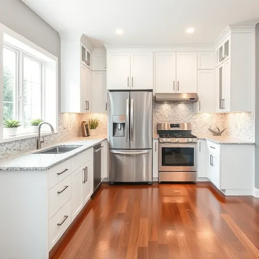 Modern kitchen remodel in Posen IL featuring white cabinets, granite countertops, stainless appliances, and hardwood flooring.