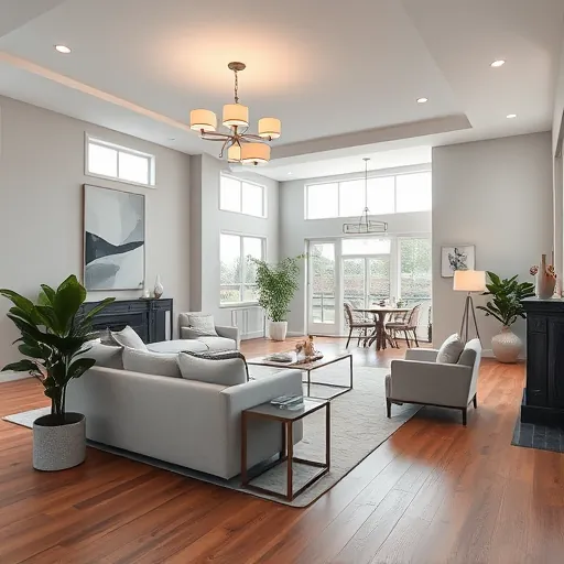 Modern living room in Schererville IN showcasing elegance with soft grays, white decor, and ample natural light.