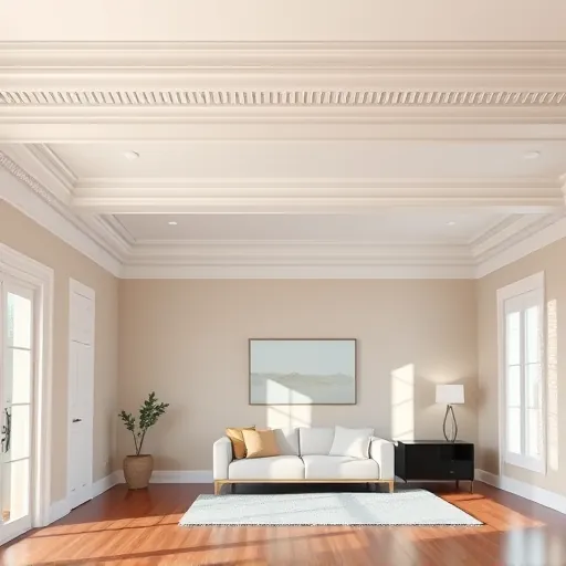 Close-up of flawless crown molding installation in a modern East Chicago living room with white ceiling and beige walls