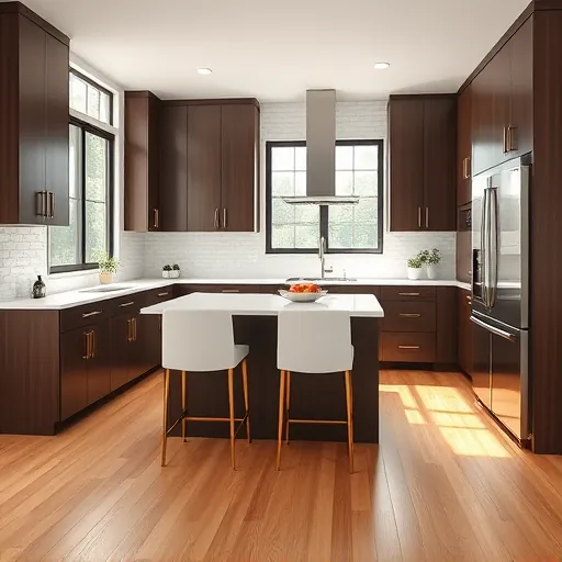 Modern kitchen remodel in Highland IN with dark wood cabinetry, white quartz countertops, and sleek decor elements.