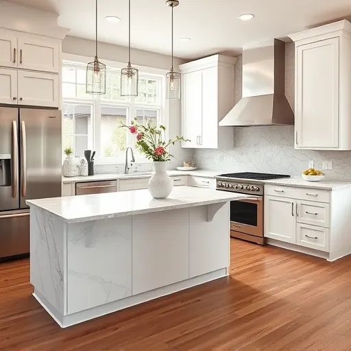 Modern kitchen remodel in East Chicago with stainless steel appliances, marble countertops, and elegant decor.