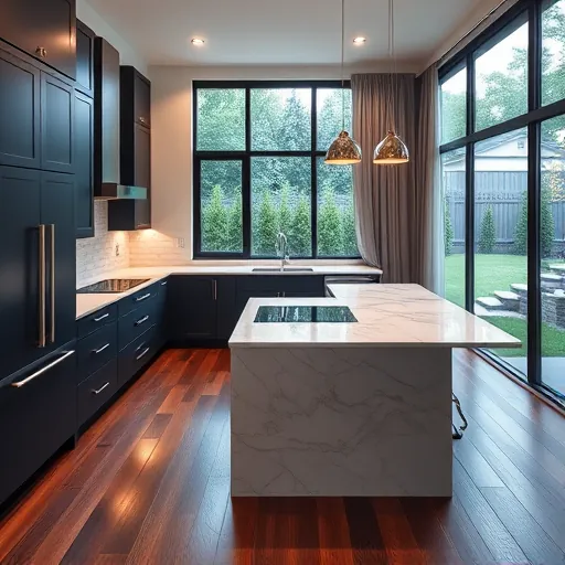 Completed kitchen remodel in East Chicago features navy cabinetry, quartz countertops, and marble island with luxe finishes.