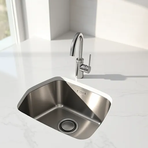 Modern kitchen with stainless steel undermount sink and chrome faucet on marble countertop with subway tile background