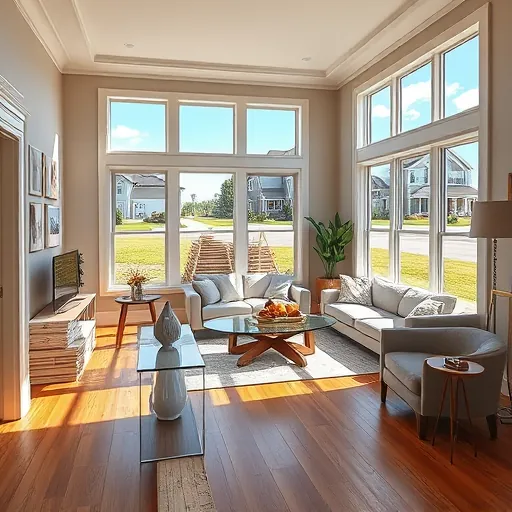 Finished modern living room in East Chicago with large windows, warm wood floors, elegant molding, and organized construction materials