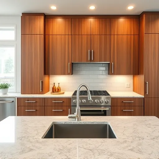 Finished modern kitchen with custom wooden cabinets granite countertops stainless steel sink and sleek backsplash in East Chicago