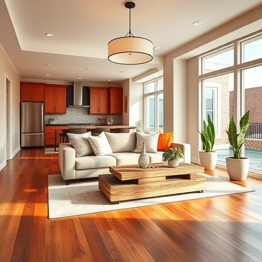 Renovated living room in Indiana Harbor IN with hardwood flooring, modern furniture, and natural light from large windows.