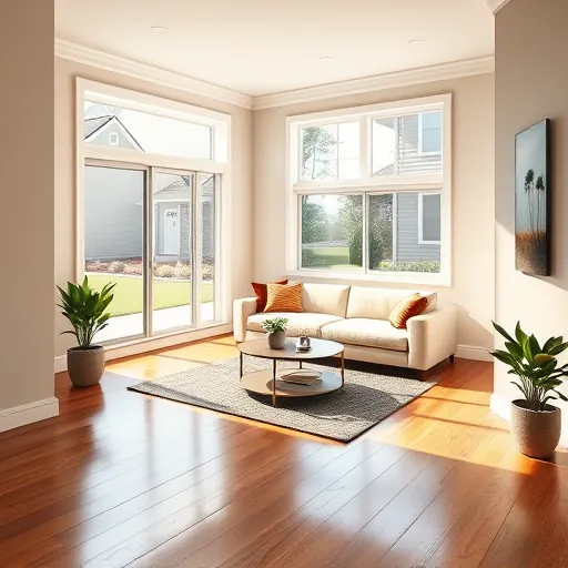 Newly finished spacious room in East Chicago Indiana with large windows hardwood floors modern furnishings and landscaped yard