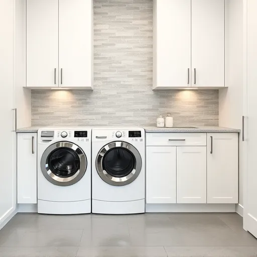 Remodeled East Chicago laundry room with white matte cabinets stainless steel washer and dryer quartz countertop tiled backsplash polished floor