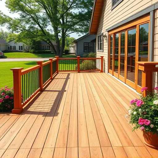 Spacious cedar deck with detailed craftsmanship in East Chicago with lush landscaping and modern home backdrop