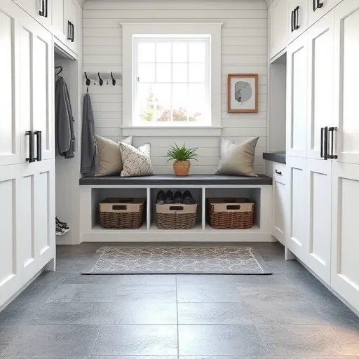 Renovated East Chicago mudroom with gray stone floors white cabinetry black hardware natural light cozy bench baskets decor