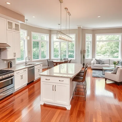 Transformed open-concept kitchen in Dolton IL with white cabinets, granite countertops, and elegant lighting.