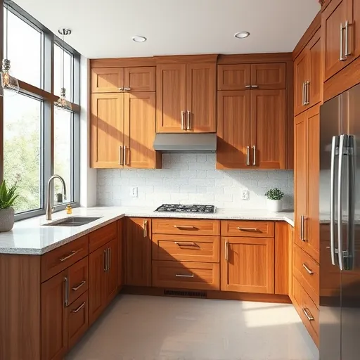 Finished polished wooden kitchen cabinets with modern hardware in a spacious upscale East Chicago kitchen featuring granite countertops and stainless steel appliances