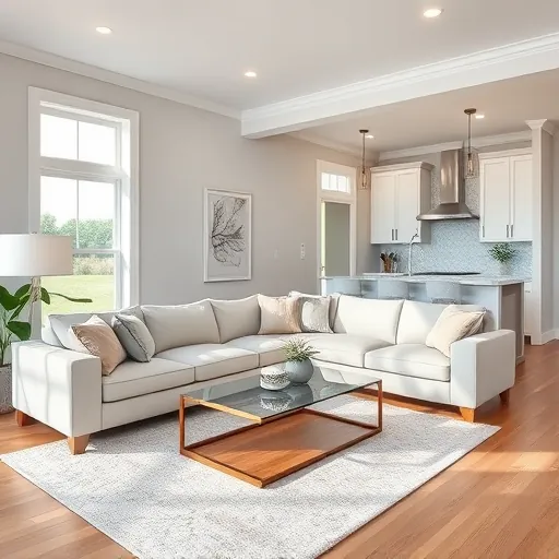 Modern living room remodel in Richton Park, IL with sleek furniture, light gray walls, and natural light enhancing decor.